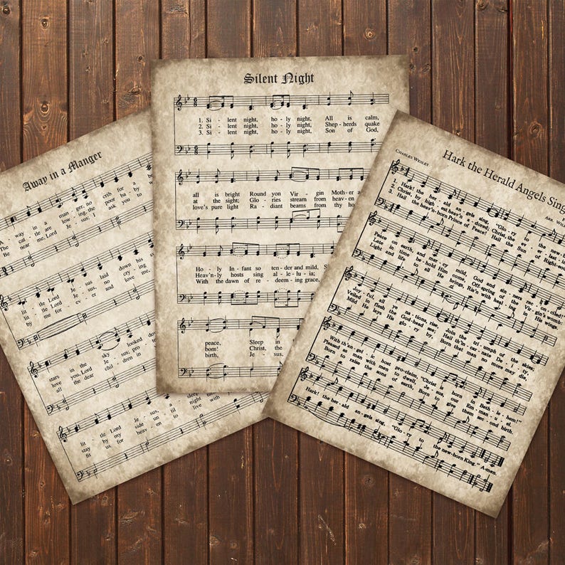 Christmas Carols, Vintage Set of 3, INSTANT DOWNLOAD, Sheet Music Hymn, Aged Antique Grunge, Printable, Scrapbooking Paper, Collage, crafts image 1