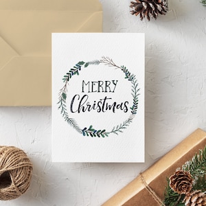 Tarjeta navideña imprimible, Feliz Navidad, Impresión en acuarela, Descarga instantánea, PDF de 5x7, Tarjeta cristiana, Saludo navideño sencillo