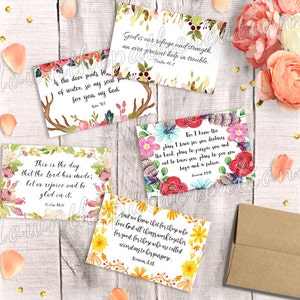 Tarjetas con versículos bíblicos, juego de 5, imprimibles, descarga instantánea, impresión de 4x6, postales bíblicas, paquete de saludos, diario de arte inspirador, marcapáginas