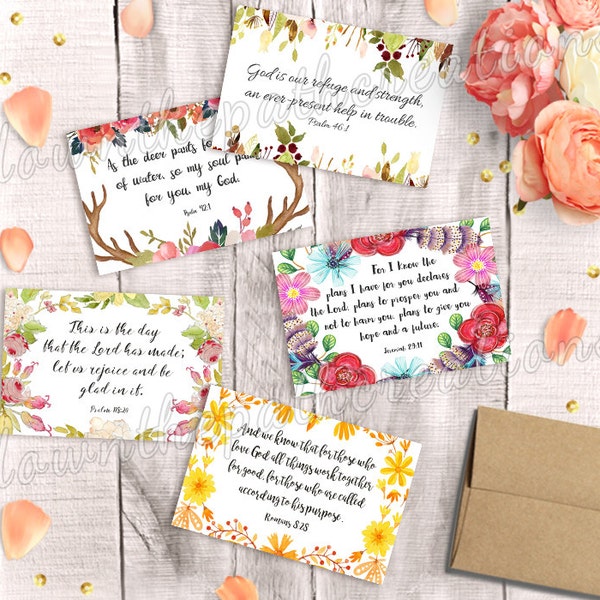 Bible Verse Cards, Set of 5, Printable, Instant Download, 4x6 print, Scripture Postcard, Greeting Pack, Inspirational Art Journal, Bookmarks