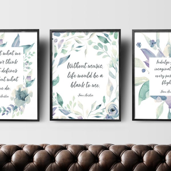 Jane Austen Set of 3, Gallery Wall Set, Digital Art Prints, Literature Printable Quotes, Book Lover Gift, Literary Prints Download