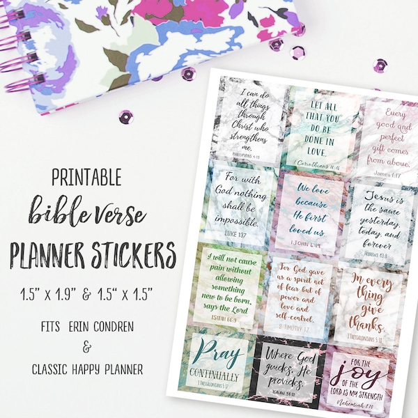 Printable Bible Verse Marble Planner Stickers, Instant Download, Erin Condren, Classic Happy Planner, Prayer Journal, Bible Margins, Filofax