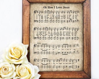 ¡Oh, cuánto amo a Jesús! Impresión de himno vintage, partitura antigua, descarga instantánea, página de himnario, arte mural cristiano, decoración rústica.