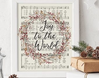 Joy to the World Hymn Art, Printable Sheet Music, Instant Download, Hymnal Print, Christmas Decor, Watercolor Wreath, Christian Quote