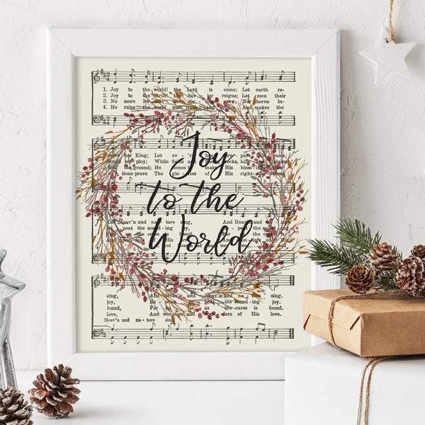 Joy to the World Hymn Art, Printable Sheet Music, Instant Download, Hymnal Print, Christmas Decor, Watercolor Wreath, Christian Quote