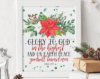 Glory to God in the Highest Printable, Luke 2:14 Print, Christmas Bible Verse, Instant Download, Christian Art, Watercolor Scripture Decor