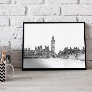 K&ouml;nnte beinhalten: Schwarzwei&szlig;-Skizze des Houses of Parliament und Big Ben in London, England. Das Bild ist in einem schwarzen Rahmen gerahmt.