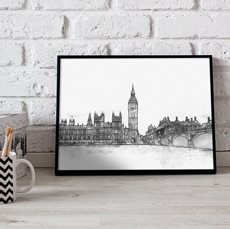 K&ouml;nnte beinhalten: Schwarzwei&szlig;-Skizze des Houses of Parliament und Big Ben in London, England. Das Bild ist in einem schwarzen Rahmen gerahmt.