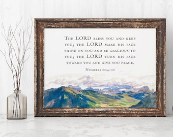 Blessing Printable, Lord Bless You and Keep You, Numbers 6:24-26, Watercolor Landscape, Instant Download, Bible Verse Art, Wall Decor