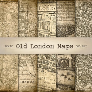 Kaarten Londen digitaal papier direct downloaden, vintage achtergrond, afdrukbare oude stratenkaart, antieke textuur, plakboekpapier, collagevel