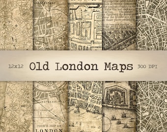 May include: A collage of nine vintage maps of London, England. The maps are in black and white and have a distressed, aged look. The maps are arranged in a grid pattern and are labeled with the text "Old London Maps 300 DPI".