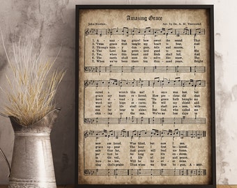 Amazing Grace Print, Printable Vintage Sheet Music, Instant Download, Antique Hymn, Inspirational Quote, Scrapbook Collage, Christian Art