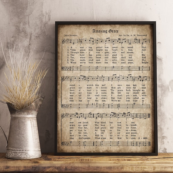 Amazing Grace Print, Printable Vintage Sheet Music, Instant Download, Antique Hymn, Inspirational Quote, Scrapbook Collage, Christian Art