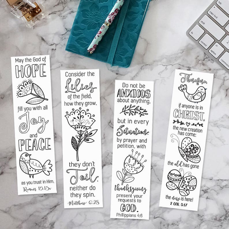 Coloring Bible Bookmarks Printable, Instant Download, Color In, Verse Journal Margins, Art Journaling Collage Sheet, Scripture Template image 1