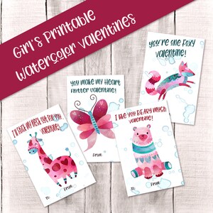 Girls Printable Watercolor Animal Valentines, DIY Valentines Day Cards, Kids Valentine, Valentine gift tags, INSTANT DOWNLOAD, School