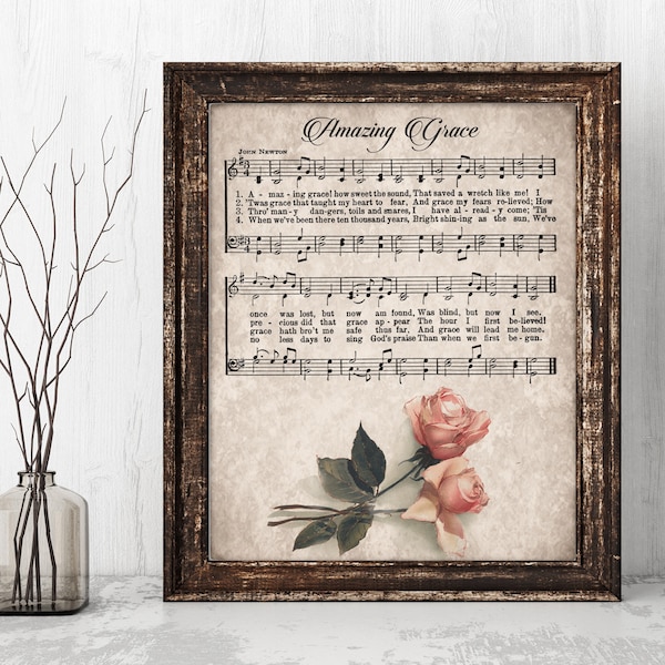 May include: A vintage-style printable featuring the lyrics to the hymn "Amazing Grace" with a faded background and a bouquet of pink roses.