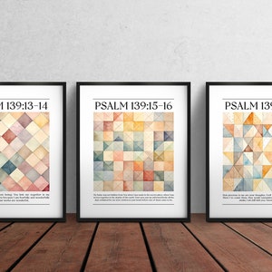Salmo 139: Juego de 3 impresiones, arte de acuarela imprimible, decoración cristiana para pared, hecho con temor y maravilla, letreros de granja acolchados