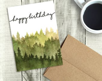 Afdrukbare verjaardagskaart voor hem, gelukkige verjaardag, aquarel bos, pdf direct download, 5 x 7 wenskaart, vader, broer, man, opa