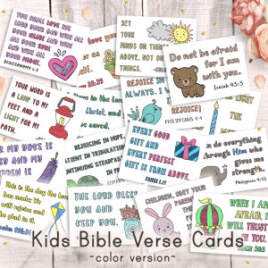 Kinder Bibel Vers Karten, bedruckbar 3 "x 4", Sofort Download, 18 Schrift Notizen, Collage Sheet, Lunch Box Karten, Christliche Tags, Auswendiglernen