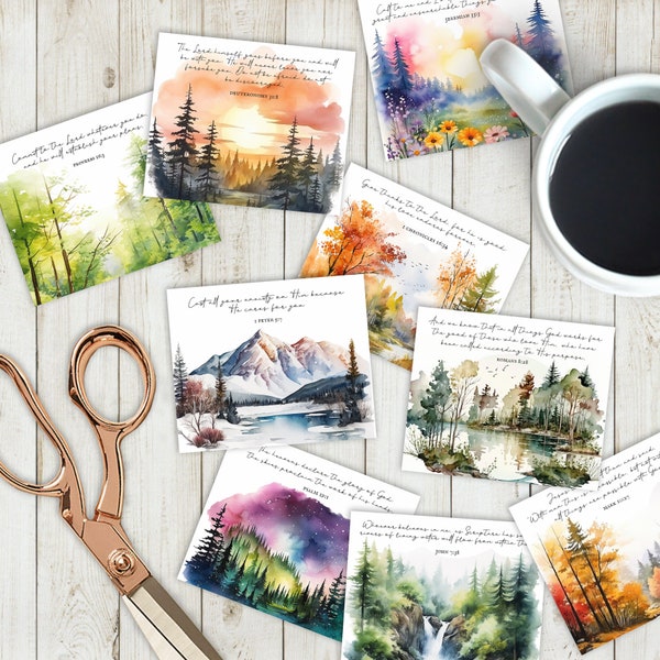 Landscape Bible Verse Cards, Printable 3"x 2.5", Instant Download, 9 Watercolor Scriptures, Collage Sheet, Digital Scrapbooking, Faith tags