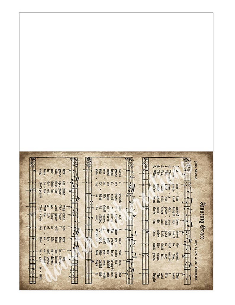 May include: Vintage sheet music with the lyrics to the hymn "Amazing Grace" printed on a textured, aged paper background. The music notes are visible on the page.