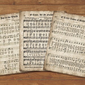 Old Christmas Carols, Set of 3 Prints, INSTANT DOWNLOAD, Printable Sheet Music, Aged Antique Hymns, Joy to the World, O Come All Ye Faithful