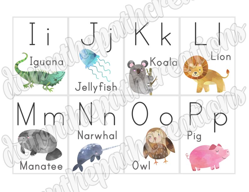 May include: A set of alphabet flash cards featuring watercolor illustrations of animals. Each card has a letter of the alphabet, the letter in lowercase, and the name of an animal that starts with that letter. For example, the card for I shows an iguana and the word "Iguana".