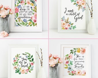 Floral Nursery Prints Set of 4, Printable Baby Girl Decor, Christian Art, Child of God, You Are So Loved, Pink Bible Verse, Flower Scripture
