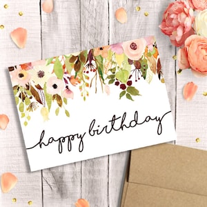 Tarjeta de cumpleaños para ella - Imprimible, Feliz cumpleaños, Floral en acuarela, Descarga instantánea, Tarjeta de felicitación de 5x7, Para madre, hermana, esposa, abuela