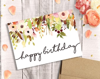 Verjaardagskaart voor haar - afdrukbaar, gelukkige verjaardag, aquarel bloemen, instant download, 5 x 7 wenskaart, moeder, zus, vrouw, oma