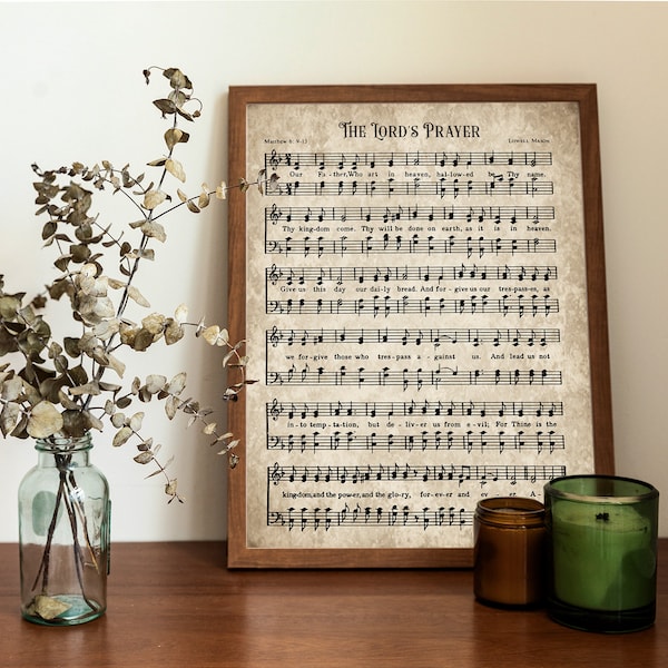 The  Lord's Prayer Print, Hymn Printable, Vintage Sheet Music, Instant Download, Antique Hymn, Farmhouse Decor, Aged Hymnal Wall Art