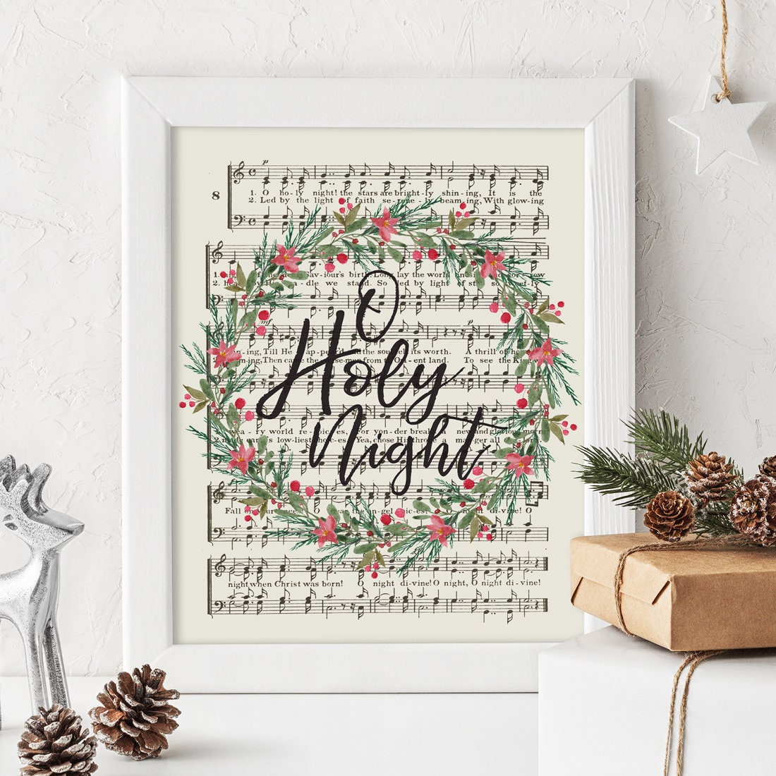 O heilige nacht hymnekunst, afdrukbare bladmuziek, instant download, gezangboek print, kerstdecor, aquarel bloemen schrift, christelijk citaat