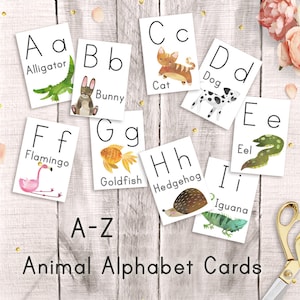Alphabet Karten, Aquarell Tiere, sofortiger Download, Montessori lernen, Lernbriefe, Homeschool Kindergarten, Vorschul-Karteikarten