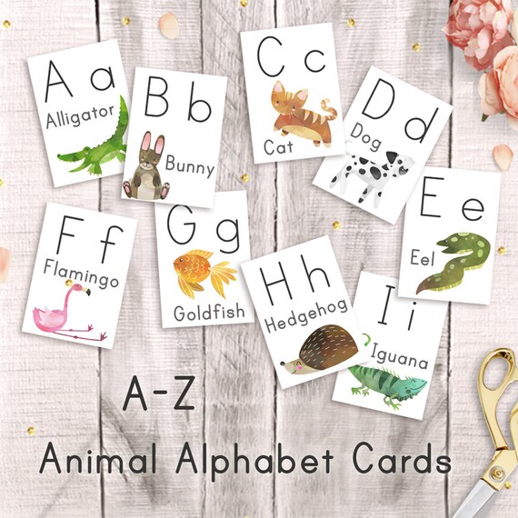 Alphabet Cards Watercolor Animals, Instant Download, Montessori Learning, Educational Letters, Homeschool Kindergarten, Preschool Flash Card