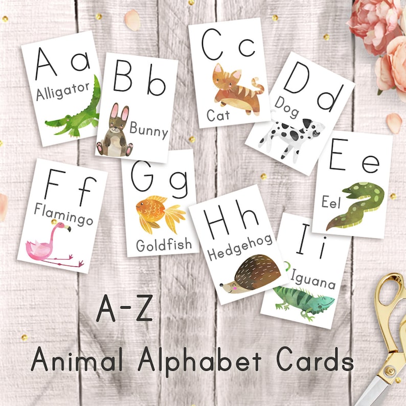 Alphabet Cards Watercolor Animals, Instant Download, Montessori Learning, Educational Letters, Homeschool Kindergarten, Preschool Flash Card image 1