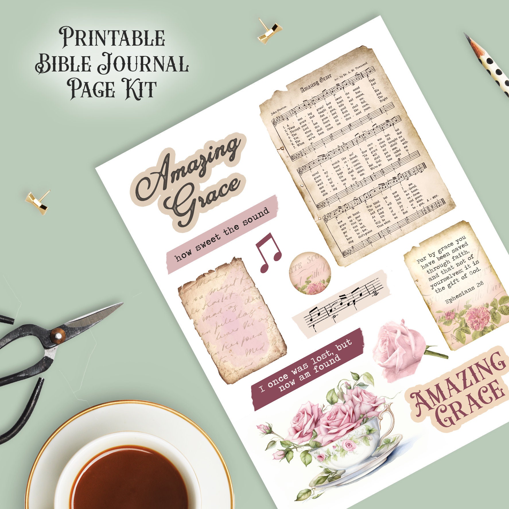 Amazing Grace Bible Journal Kit, Instant Download, Bible Journaling Page, Vintage Hymn, Prayer ...