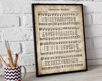 America the Beautiful Print, druckbare Vintage Noten, sofortiger Download, antike Hymne, Vaterländische Wandkunst, 4. Juli Dekor