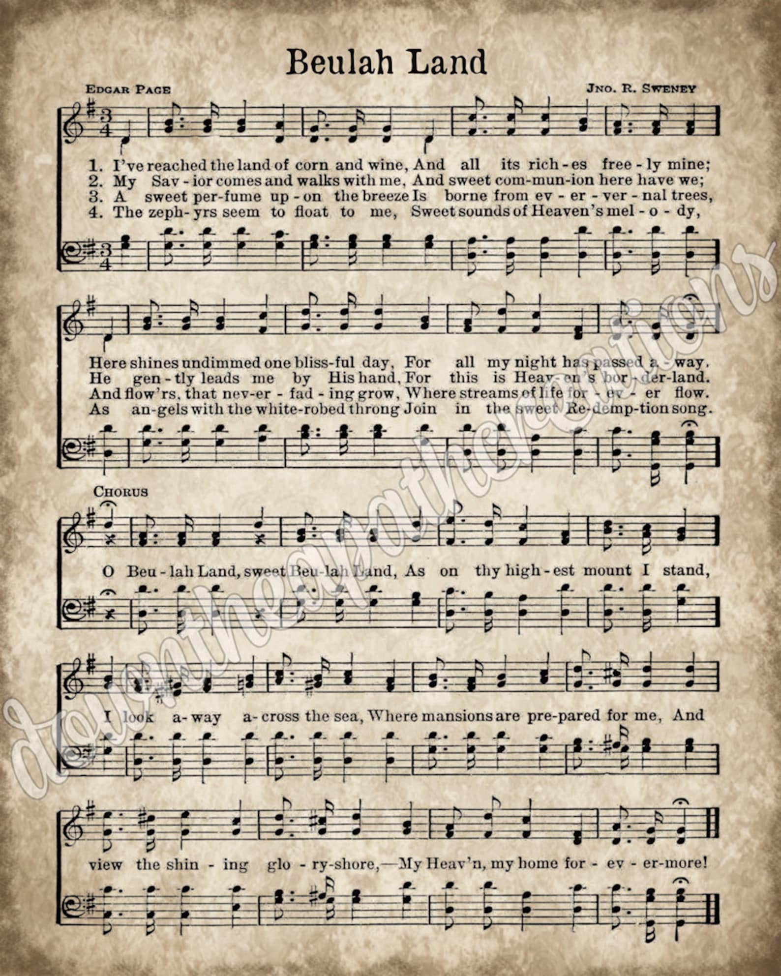 Beulah Land Hymn Print, Printable Vintage Sheet Music, Instant Download