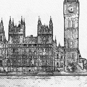 K&ouml;nnte beinhalten: Eine Schwarzwei&szlig;-Zeichnung des Houses of Parliament in London, England. Der ikonische Glockenturm Big Ben ist auf der rechten Seite des Bildes zu sehen.