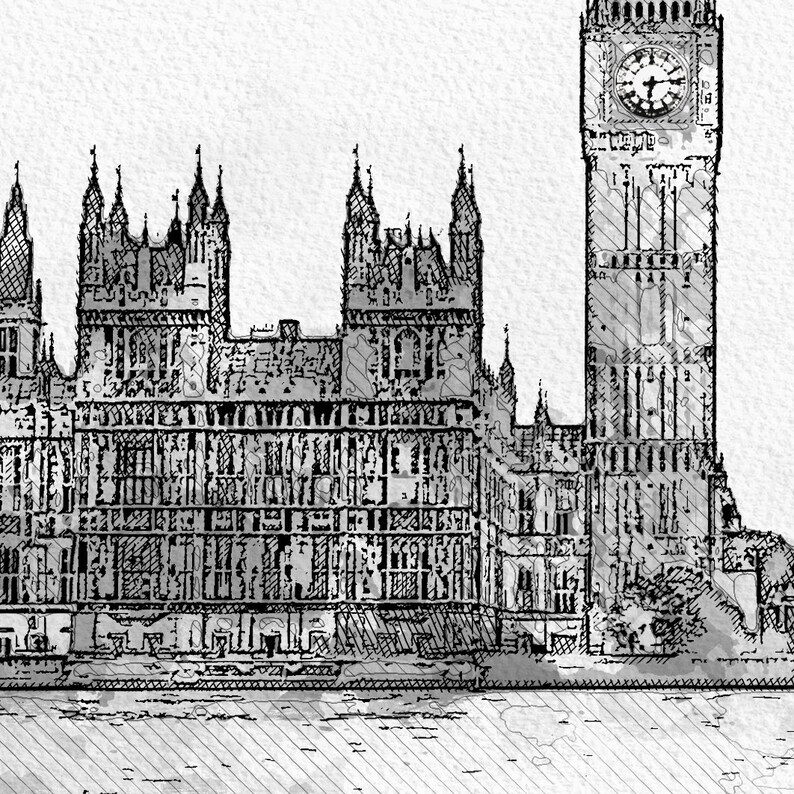 K&ouml;nnte beinhalten: Eine Schwarzwei&szlig;-Zeichnung des Houses of Parliament in London, England. Der ikonische Glockenturm Big Ben ist auf der rechten Seite des Bildes zu sehen.