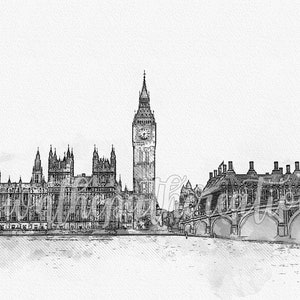 K&ouml;nnte beinhalten: Eine Schwarzwei&szlig;skizze des Houses of Parliament und Big Ben in London, England. Der ikonische Uhrturm ist im Hintergrund zu sehen, die Br&uuml;cke im Vordergrund.