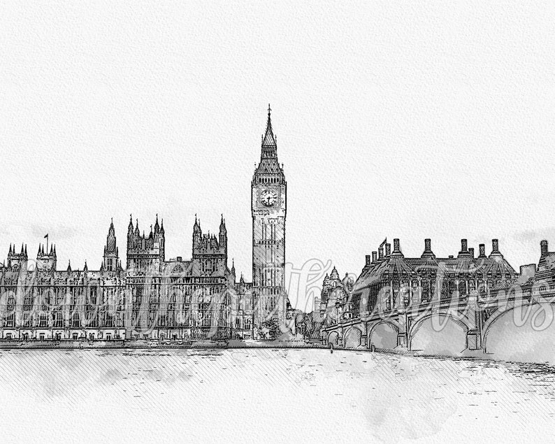 K&ouml;nnte beinhalten: Eine Schwarzwei&szlig;skizze des Houses of Parliament und Big Ben in London, England. Der ikonische Uhrturm ist im Hintergrund zu sehen, die Br&uuml;cke im Vordergrund.