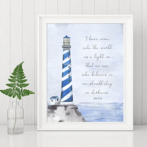 Lighthouse Bible Verse Print, John 12:46 Printable, Instant Download, Nautical Decor, Scripture Art, Watercolor Beach, Ocean Theme, Lake PDF