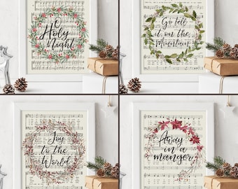 Kerst hymne print set van 4, afdrukbare bladmuziek, O Holy Night, Joy to the World, Instant Download, aquarel krans, Christian Gallery