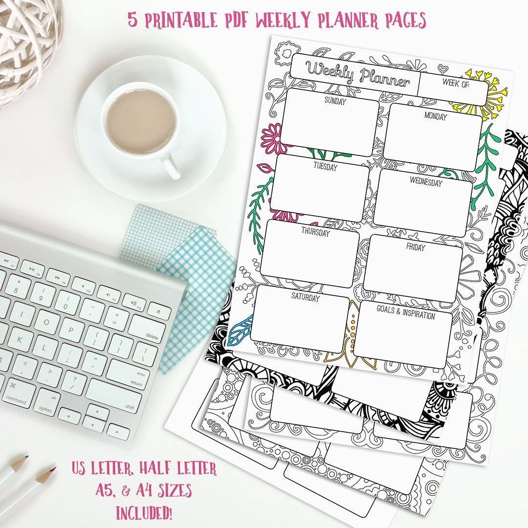 Adult Coloring Weekly Planner Printable Pages, Instant Download, US ...