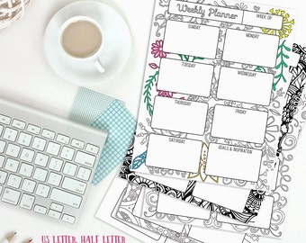 May include: Five printable PDF weekly planner pages featuring a floral design. The pages are available in US Letter, Half Letter, A5, and A4 sizes. The planner includes sections for Sunday, Monday, Tuesday, Wednesday, Thursday, Friday, Saturday, and Goals & Inspiration.