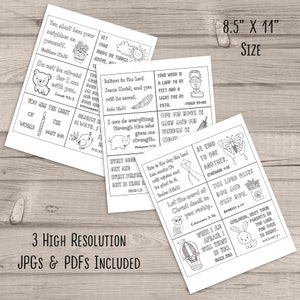 Cartes à colorier versets bibliques pour enfants, imprimables 3 x 4 po, téléchargement immédiat, 18 notes sur les Écritures, feuille de collage, étiquettes de boîte à lunch, mémorisation de versets