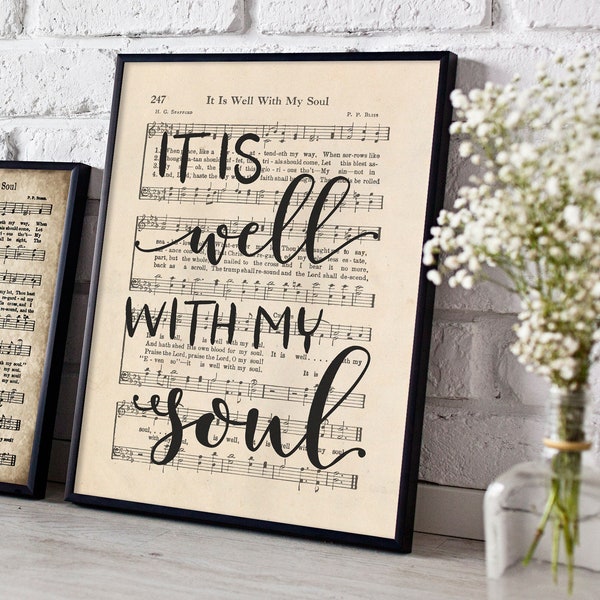 Hand Lettered, It Is Well With My Soul Print, Printable Vintage Sheet Music, Instant Download, Aged Antique Hymn, Farmhouse Decor, Wall Art