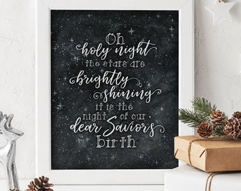 Holy Night Printable, The Stars are Brightly Shining, INSTANT DOWNLOAD, Bible Verse Art, Watercolor Decor, Christmas Lyrics Print