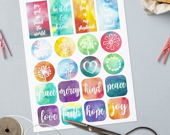 Pegatinas para márgenes de diario bíblico - Imprimibles, descarga instantánea, etiquetas de acuarela, planificador inspirador, hoja de collage para diario, fe